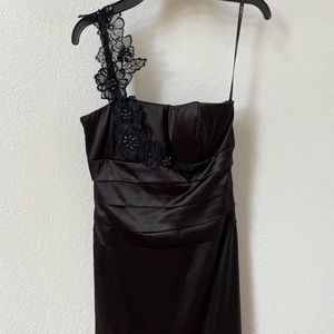 Elegant black satin juniors dress; B. Darlin brand
